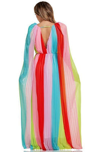 Pastel Rainbow Pleated Cape Detail Maxi Dress - PRIVILEGE 