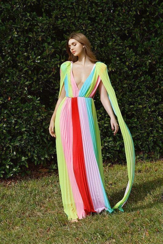 Pastel Rainbow Pleated Cape Detail Maxi Dress - PRIVILEGE 