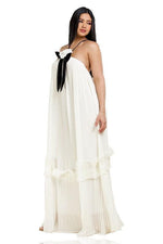 White Pleated Flower and Bow Detail Maxi Dress - PRIVILEGE 