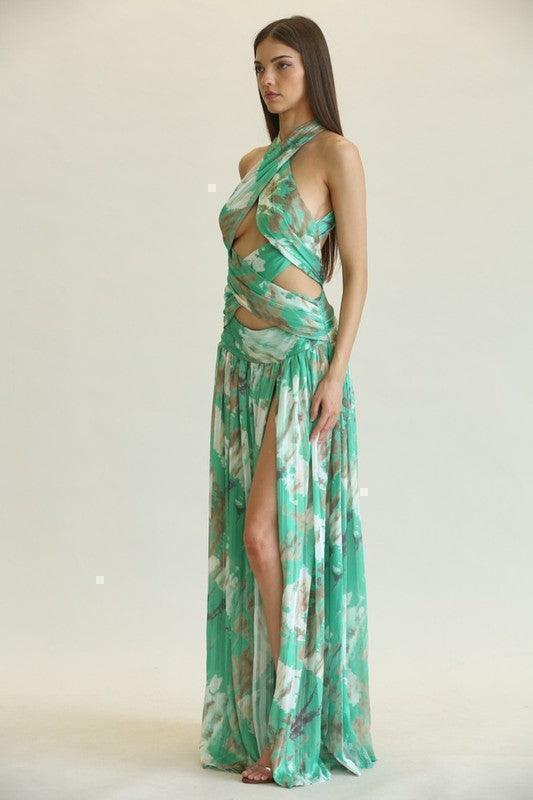 MARBLE PRINT CRISSCROSS MAXI DRESS - PRIVILEGE 