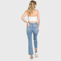 High Rise Crop Bootcut Jeans with Frayed Hem — Light Wash