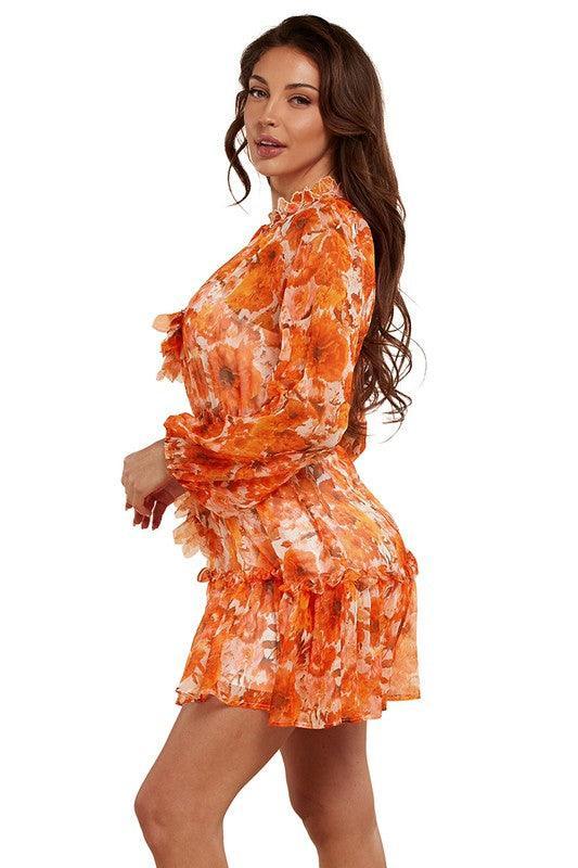 Fall Floral Cinched Chiffon Mini Dress - PRIVILEGE 