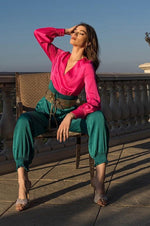 Pink Teal Blue Metallic Embossed Belt Jumpsuit - PRIVILEGE 