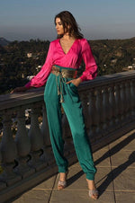 Pink Teal Blue Metallic Embossed Belt Jumpsuit - PRIVILEGE 