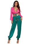 Pink Teal Blue Metallic Embossed Belt Jumpsuit - PRIVILEGE 