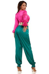 Pink Teal Blue Metallic Embossed Belt Jumpsuit - PRIVILEGE 