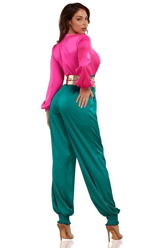 Pink Teal Blue Metallic Embossed Belt Jumpsuit - PRIVILEGE 