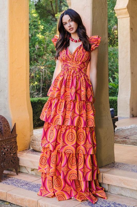 PRINTED RUFFLE MAXI DRESS - PRIVILEGE 