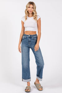 High Rise Stretch Relaxed Straight Jeans with Cuffed Hem