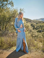 Embroidered Stitch Slit Denim Maxi Skirt