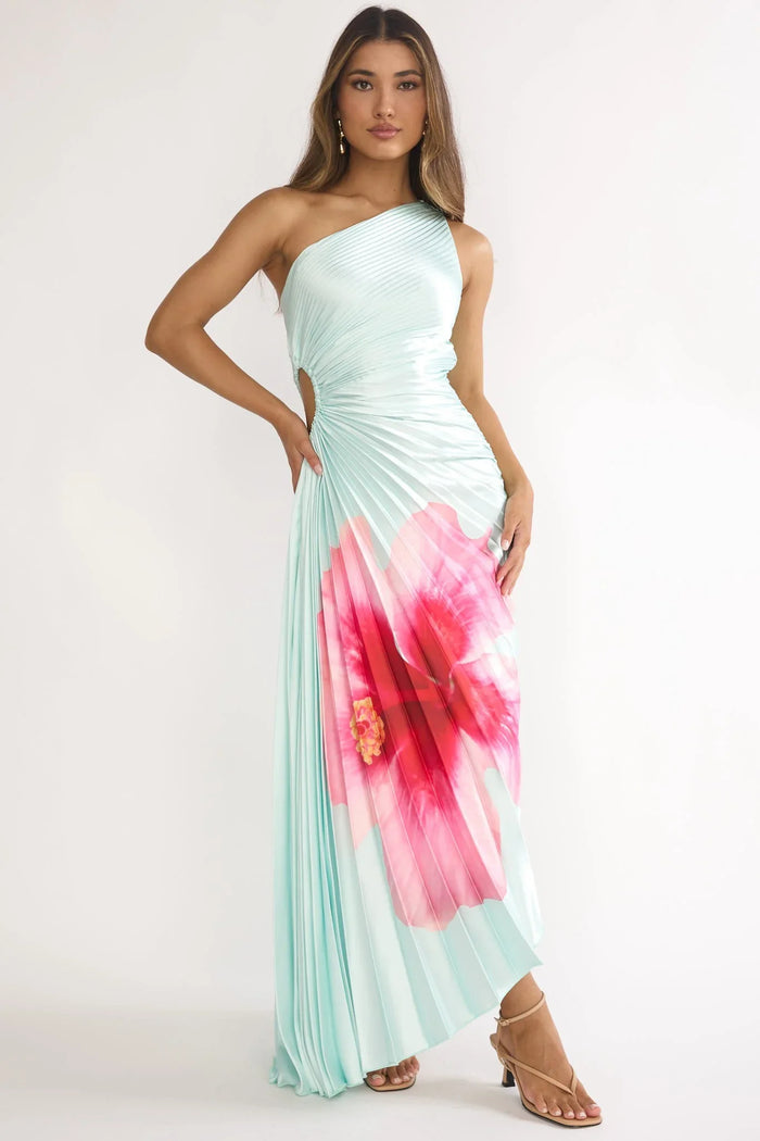 Asymmetrical One Shoulder Floral Accordian Maxi Dress