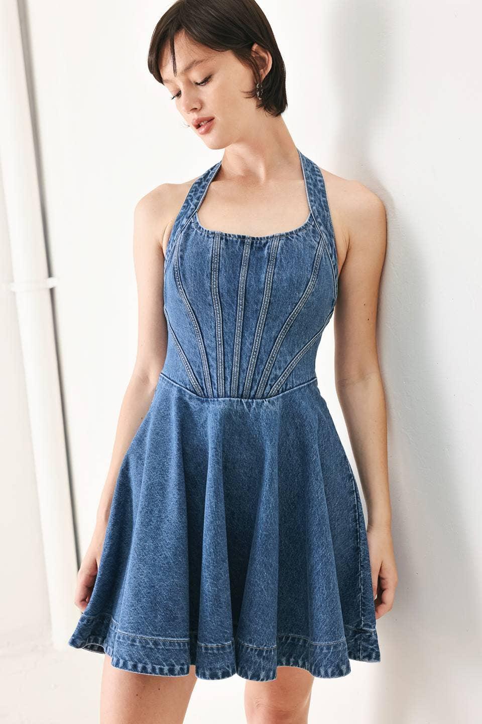 Washed Denim Halter Mini Dress