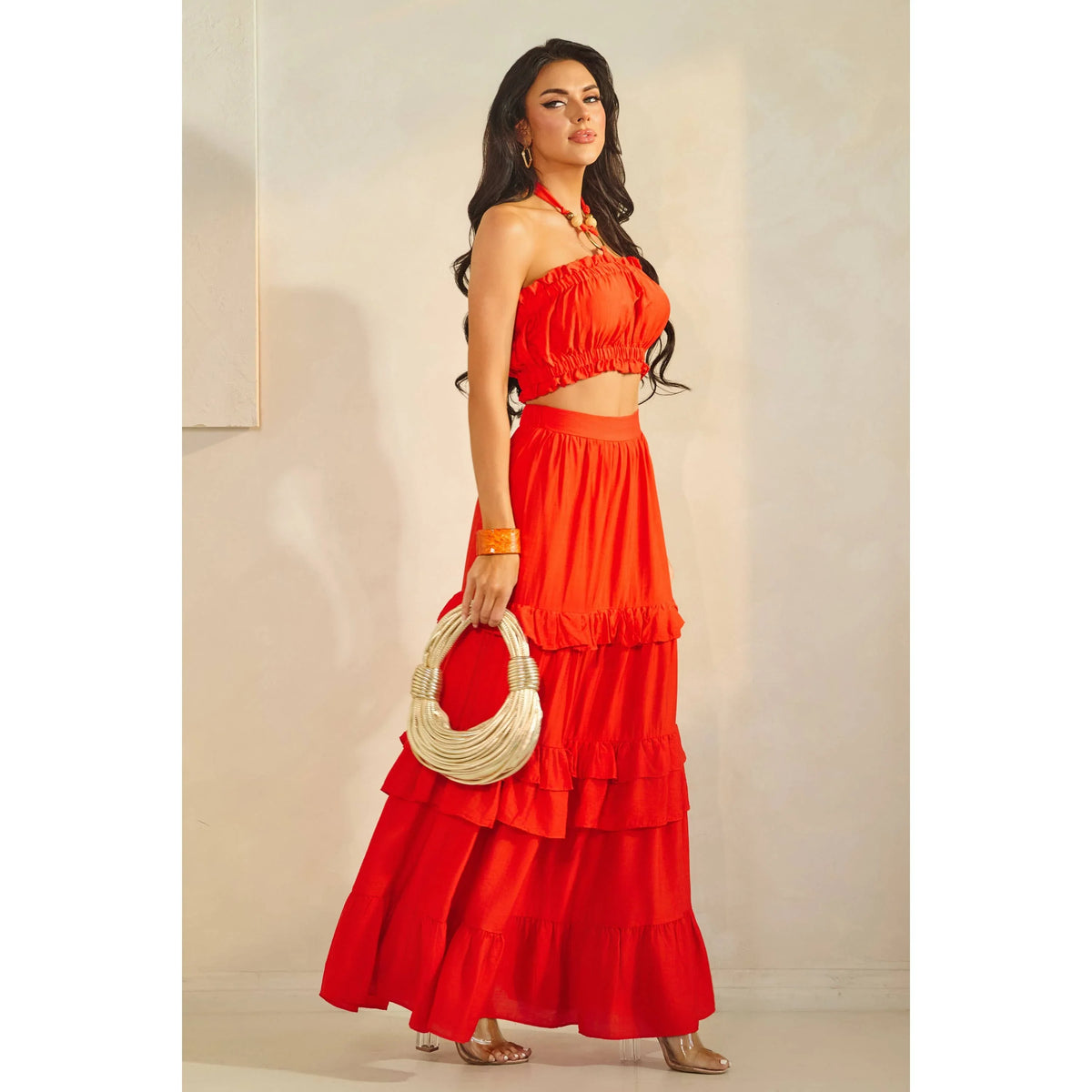 Ring Attached Shirred Tube Top & Tiered Maxi Skirt Set - Tomato Red