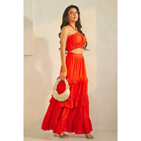 Ring Attached Shirred Tube Top & Tiered Maxi Skirt Set - Tomato Red