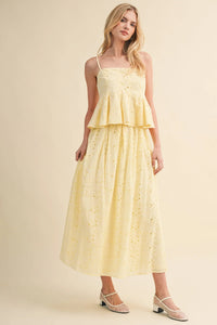 EYELET PEPLUM CAMI AND PLEATED FLARE MIDI SKIRT