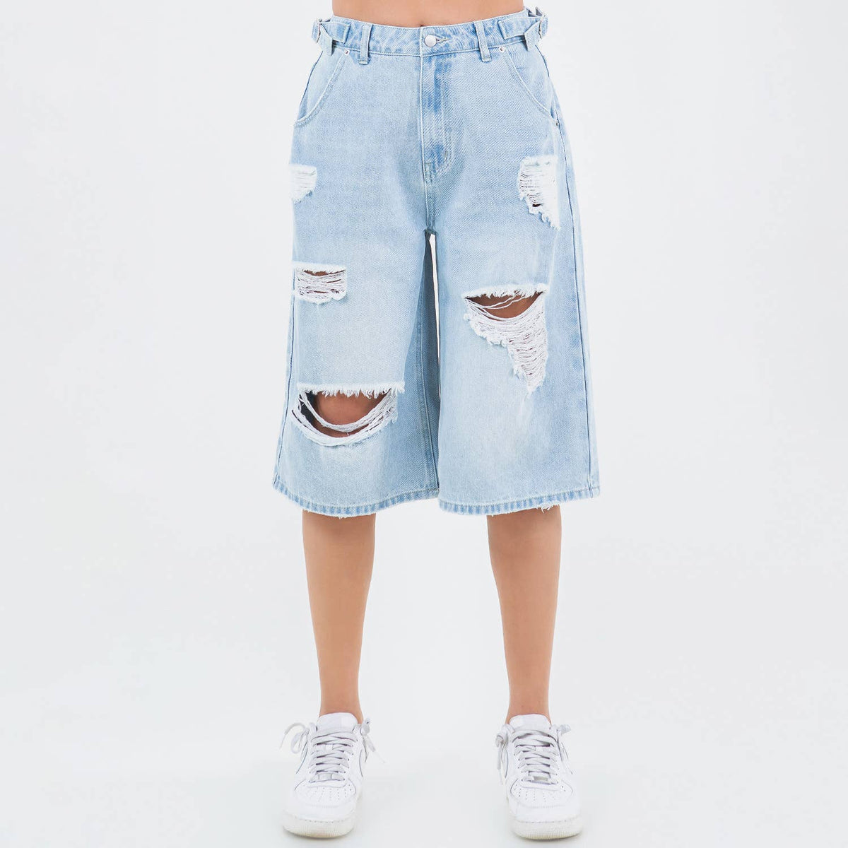 WAIST TRIM DISTRESSED WIDE LEG JORTS-RSS21142
