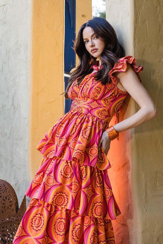 PRINTED RUFFLE MAXI DRESS - PRIVILEGE 