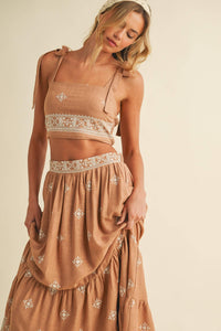 Boho Embroidered Crop Top & Tiered Midi Skirt Set