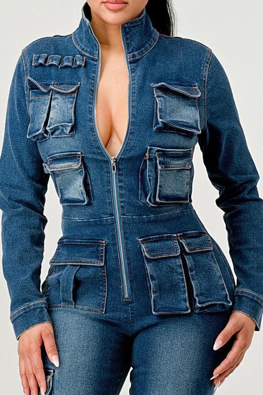 CARGO STYLE DENIM JUMPSUIT - PRIVILEGE 
