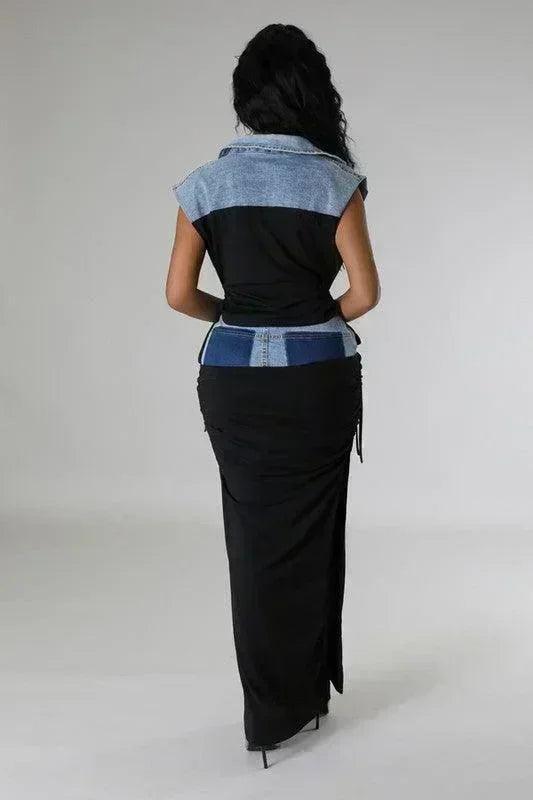 DENIM 2PC MAXI SKIRT SET - PRIVILEGE 