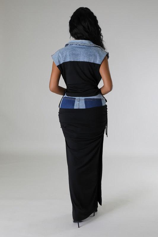 DENIM 2PC MAXI SKIRT SET - PRIVILEGE 