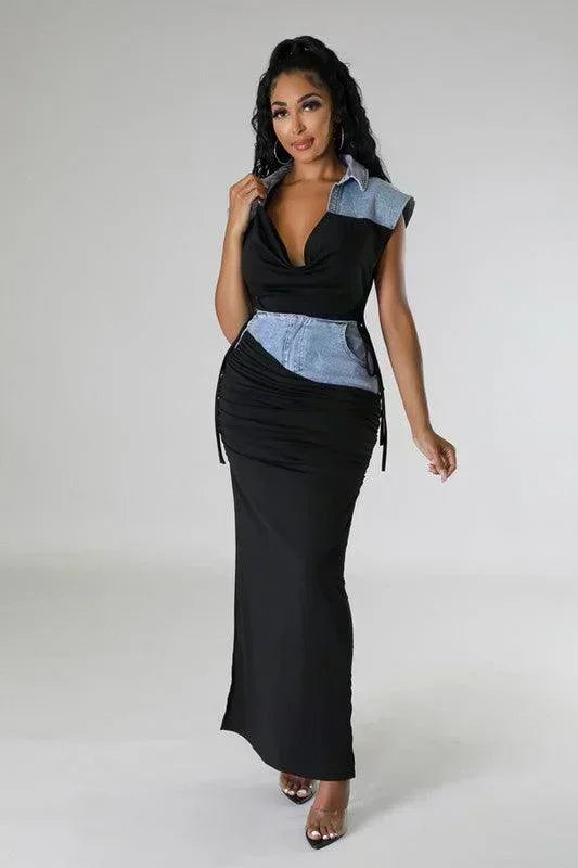 denim maxi shirt detail 2pc set - PRIVILEGE 