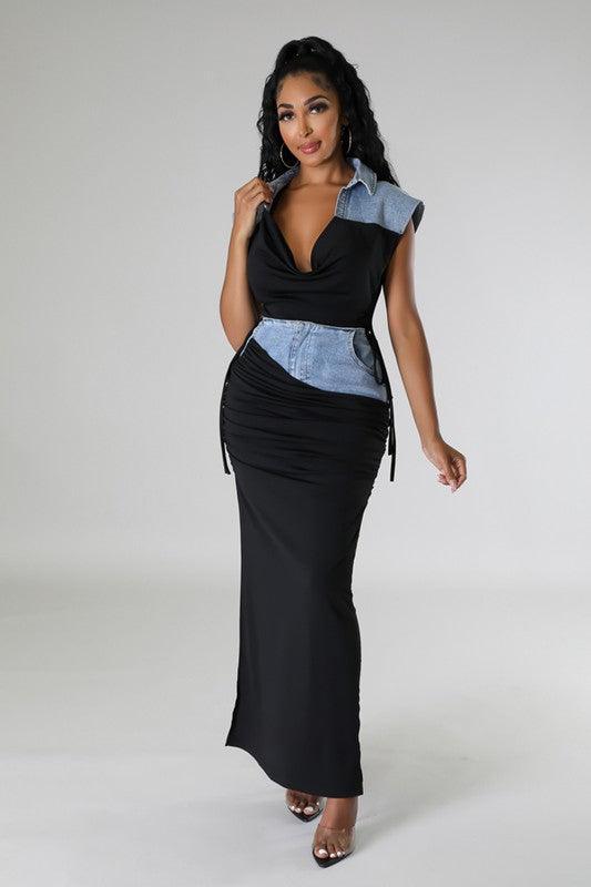 denim maxi shirt detail 2pc set - PRIVILEGE 