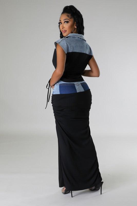 denim maxi shirt detail 2pc set - PRIVILEGE 