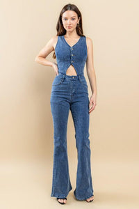 CUT OUT BOOTCUT DENIM JUMPSUIT - PRIVILEGE 