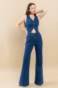 CUT OUT BOOTCUT DENIM JUMPSUIT - PRIVILEGE 