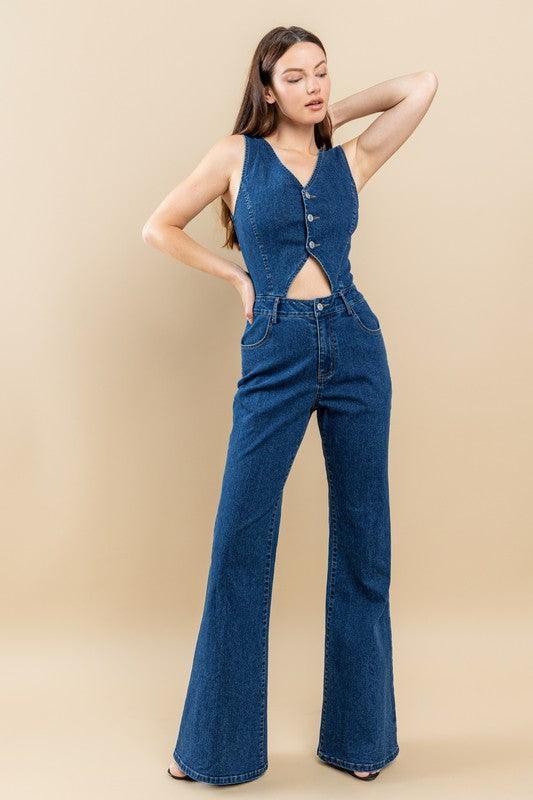 CUT OUT BOOTCUT DENIM JUMPSUIT - PRIVILEGE 