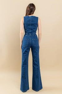 CUT OUT BOOTCUT DENIM JUMPSUIT - PRIVILEGE 