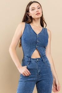CUT OUT BOOTCUT DENIM JUMPSUIT - PRIVILEGE 