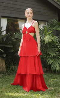 Floral Cut out Tiered Cotton Linen Maxi Dress PRIVILEGE