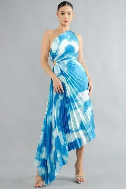 PRINT SLASH SHOULDER SLEEVELESS PLEATED DRESS - PRIVILEGE 