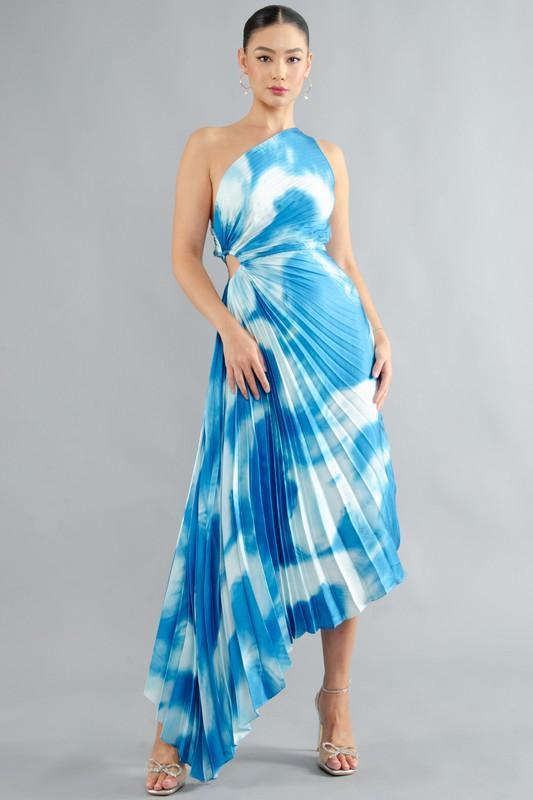 PRINT SLASH SHOULDER SLEEVELESS PLEATED DRESS - PRIVILEGE 