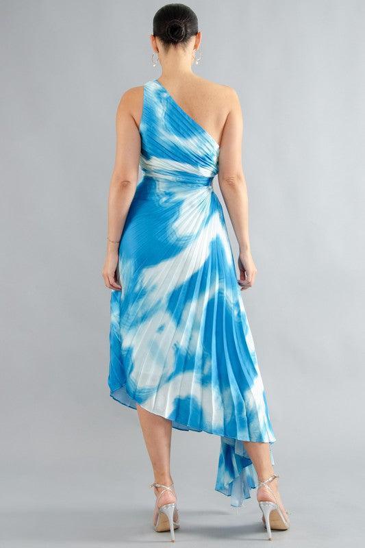 PRINT SLASH SHOULDER SLEEVELESS PLEATED DRESS - PRIVILEGE 