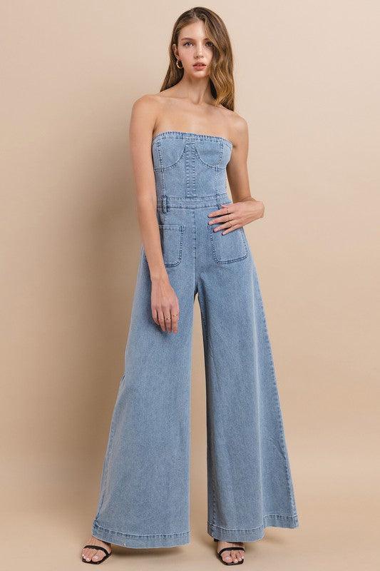 OFF SHOULDER WIDE LEG DENIM JUMPSUIT - PRIVILEGE 