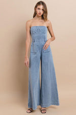 OFF SHOULDER WIDE LEG DENIM JUMPSUIT - PRIVILEGE 