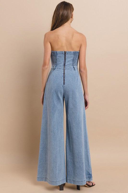 OFF SHOULDER WIDE LEG DENIM JUMPSUIT - PRIVILEGE 