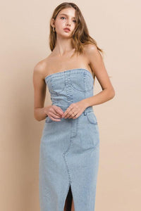 TUBE DENIM MAXI DRESS WITH SLIT - PRIVILEGE 