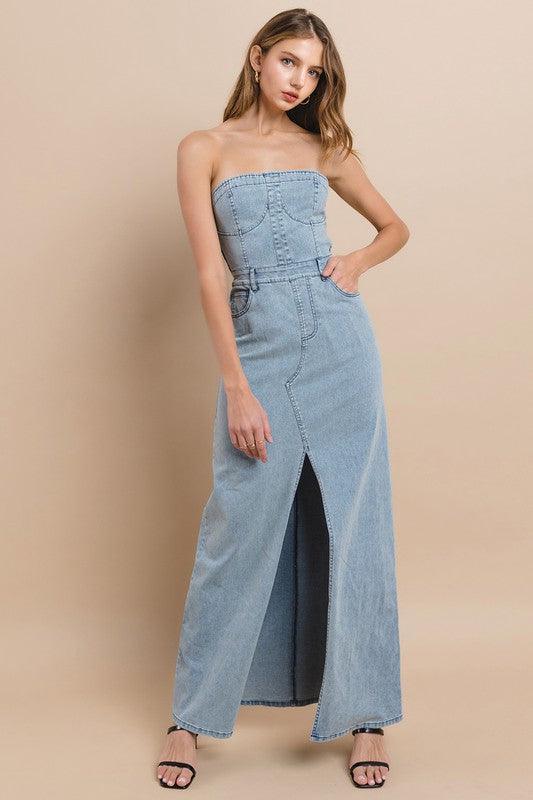 TUBE DENIM MAXI DRESS WITH SLIT - PRIVILEGE 