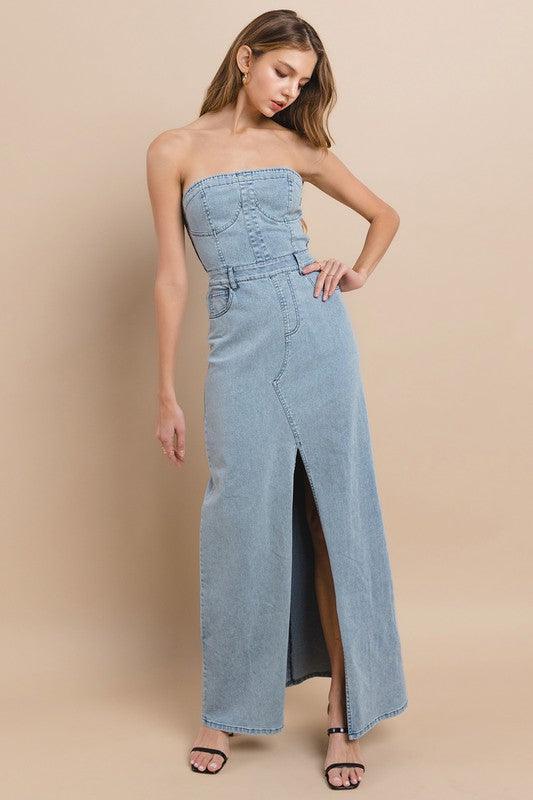TUBE DENIM MAXI DRESS WITH SLIT - PRIVILEGE 