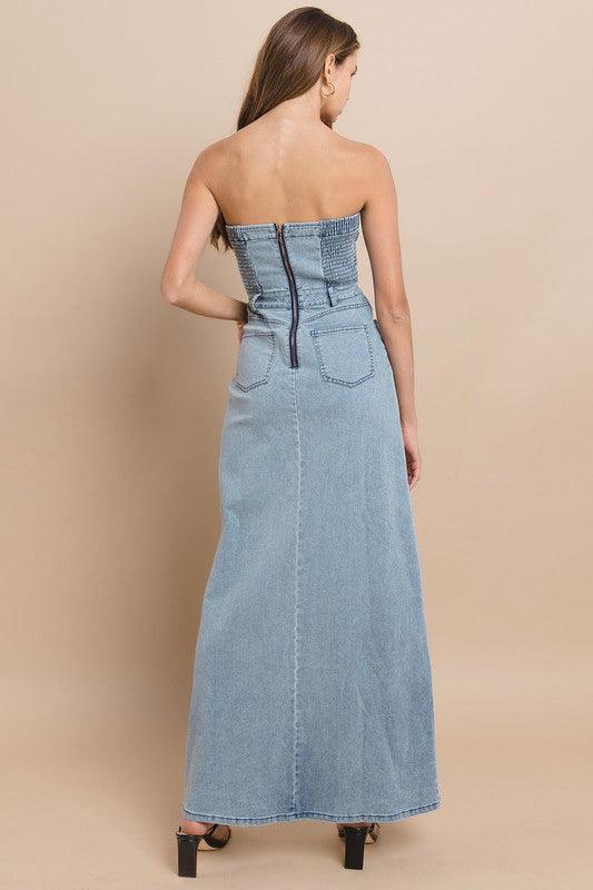 TUBE DENIM MAXI DRESS WITH SLIT - PRIVILEGE 
