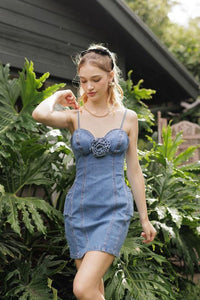 Floral Applique Corsage Mini Denim Dress - PRIVILEGE 