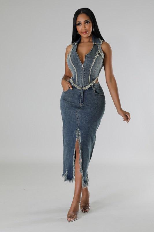 2 PC SKIRT SET IN DENIM - PRIVILEGE 