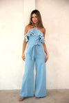 Denim Double Frayed Ruffle Halter JumpsuiT - PRIVILEGE 