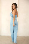 Denim Double Frayed Ruffle Halter JumpsuiT - PRIVILEGE 