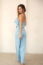 Denim Double Frayed Ruffle Halter JumpsuiT - PRIVILEGE 