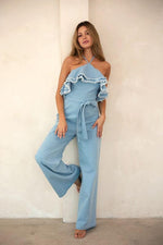 Denim Double Frayed Ruffle Halter JumpsuiT - PRIVILEGE 
